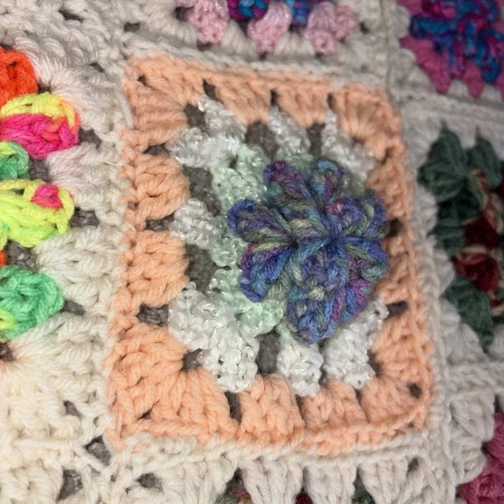 Vintage Granny Square Crochet Lap Blanket Afghan Throw GrandmaCore Chic Handmade